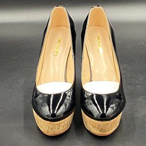 Black Cork Wood Platform Wedge Heel